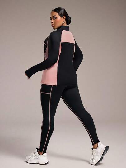 Rhythm Era Plus Size Color Block Long Sleeve Jacket And Leggings Workout Set,Black Winter Athletic Gym Women Activewear Set Curve Sports Suit Workout Clothes