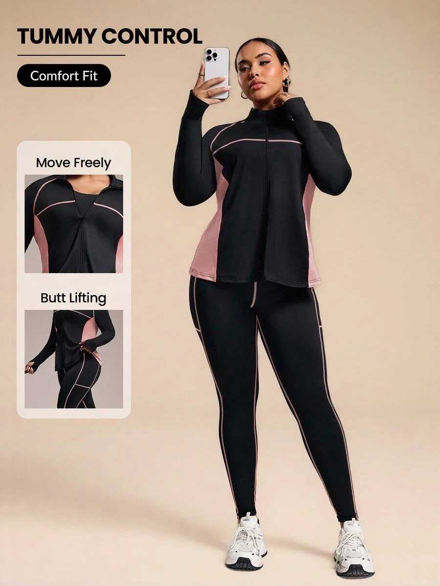 Rhythm Era Plus Size Color Block Long Sleeve Jacket And Leggings Workout Set,Black Winter Athletic Gym Women Activewear Set Curve Sports Suit Workout Clothes