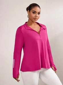 SHEIN Rhythm Era 大码女式条纹拉链半襟长袖羊毛运动衫冬季女装 - 玫紅色 - 查看 4