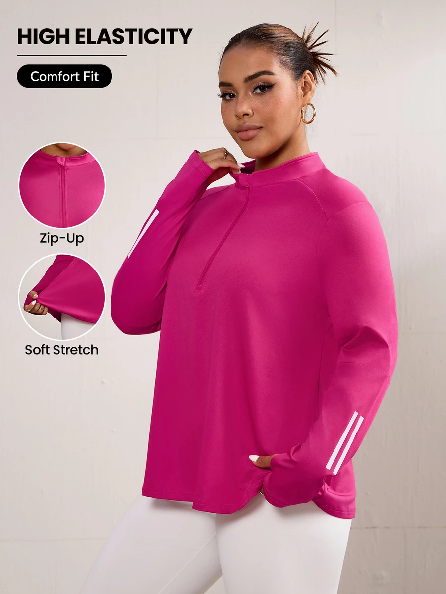 SHEIN Rhythm Era 大码女式条纹拉链半襟长袖羊毛运动衫冬季女装