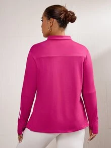 SHEIN Rhythm Era 大码女式条纹拉链半襟长袖羊毛运动衫冬季女装 - 玫紅色 - 查看 3