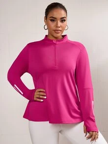 SHEIN Rhythm Era 大码女式条纹拉链半襟长袖羊毛运动衫冬季女装 - 玫紅色 - 查看 8