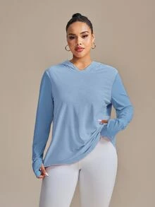 SHEIN Rhythm Era 大码拇指孔提花三角形图案设计长袖瑜伽卫衣减肥 - 淺藍色 - 查看 7