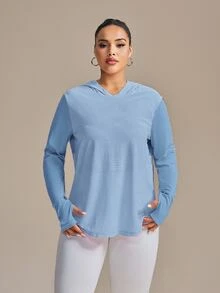 SHEIN Rhythm Era 大码拇指孔提花三角形图案设计长袖瑜伽卫衣减肥 - 淺藍色 - 查看 3