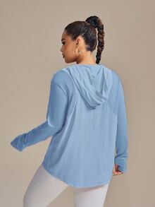SHEIN Rhythm Era 大码拇指孔提花三角形图案设计长袖瑜伽卫衣减肥 - 淺藍色 - 查看 2