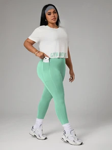 SHEIN Rhythm Era Plus Size Women's Backless Halter Neck Top, Leggings, Short Sleeve T-Shirt 3-Piece Sports Set - Multicolor - View 6