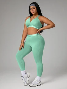 SHEIN Rhythm Era Plus Size Women's Backless Halter Neck Top, Leggings, Short Sleeve T-Shirt 3-Piece Sports Set - Multicolor - View 7