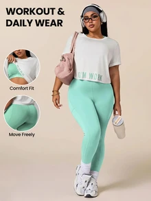 SHEIN Rhythm Era Plus Size Women's Backless Halter Neck Top, Leggings, Short Sleeve T-Shirt 3-Piece Sports Set - Multicolor - View 10