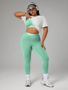 SHEIN Rhythm Era Plus Size Women's Backless Halter Neck Top, Leggings, Short Sleeve T-Shirt 3-Piece Sports Set - Multicolor - View 5