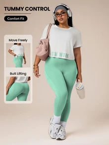 SHEIN Rhythm Era Plus Size Women's Backless Halter Neck Top, Leggings, Short Sleeve T-Shirt 3-Piece Sports Set - Multicolor - View 2