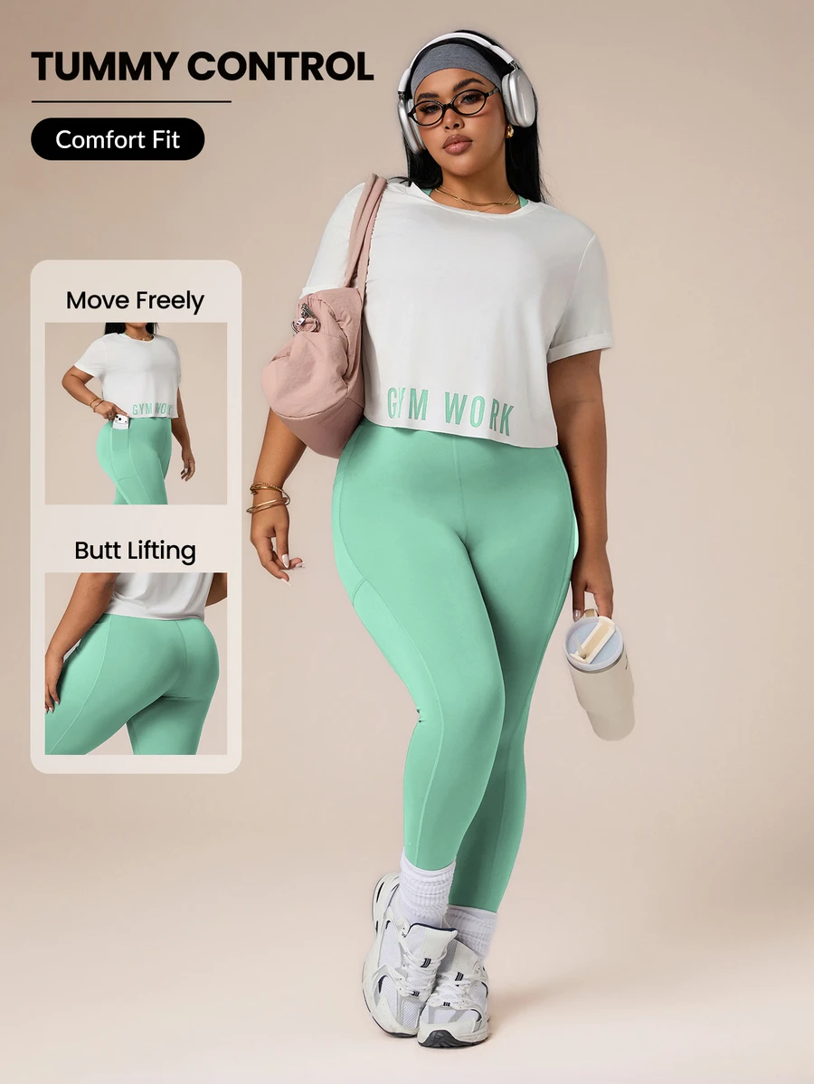SHEIN Rhythm Era Plus Size Women's Backless Halter Neck Top, Leggings, Short Sleeve T-Shirt 3-Piece Sports Set