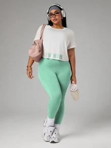SHEIN Rhythm Era Plus Size Women's Backless Halter Neck Top, Leggings, Short Sleeve T-Shirt 3-Piece Sports Set - Multicolor - View 4