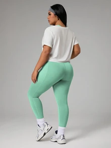SHEIN Rhythm Era Plus Size Women's Backless Halter Neck Top, Leggings, Short Sleeve T-Shirt 3-Piece Sports Set - Multicolor - View 3
