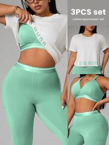 SHEIN Rhythm Era Plus Size Women's Backless Halter Neck Top, Leggings, Short Sleeve T-Shirt 3-Piece Sports Set - Multicolor - View 11