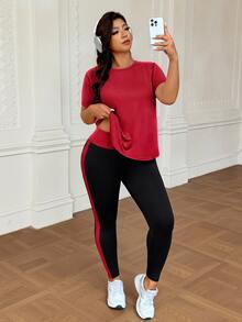 SHEIN Rhythm Era Plus Size Women Solid Color Short Sleeve T-Shirt And Leggings Sports Set - Multicolor - View 8
