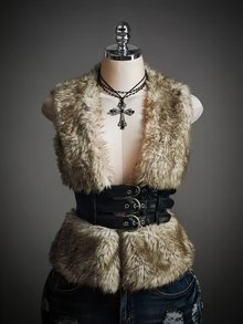 SHEIN ICON Winter Women's Halloween Country Goth Waist Buckle Design Fashion Vest Faux Fur Coat - Coffee Brown - View 10