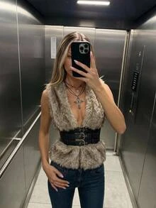 SHEIN ICON Winter Women's Halloween Country Goth Waist Buckle Design Fashion Vest Faux Fur Coat - Coffee Brown - View 1