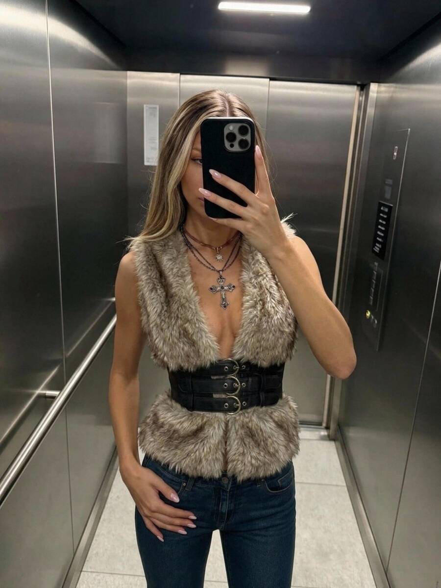 SHEIN ICON Winter Women's Halloween Country Goth Waist Buckle Design Fashion Vest Faux Fur Coat - Coffee Brown - View 1