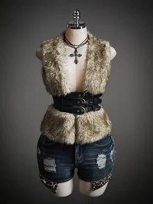 SHEIN ICON Winter Women's Halloween Country Goth Waist Buckle Design Fashion Vest Faux Fur Coat - Coffee Brown - View 4