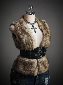 SHEIN ICON Winter Women's Halloween Country Goth Waist Buckle Design Fashion Vest Faux Fur Coat - Coffee Brown - View 11