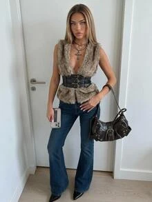 SHEIN ICON Winter Women's Halloween Country Goth Waist Buckle Design Fashion Vest Faux Fur Coat - Coffee Brown - View 3