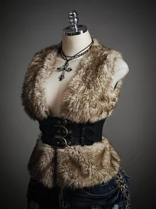 SHEIN ICON Winter Women's Halloween Country Goth Waist Buckle Design Fashion Vest Faux Fur Coat - Coffee Brown - View 8