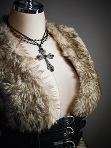 SHEIN ICON Winter Women's Halloween Country Goth Waist Buckle Design Fashion Vest Faux Fur Coat - Coffee Brown - View 9