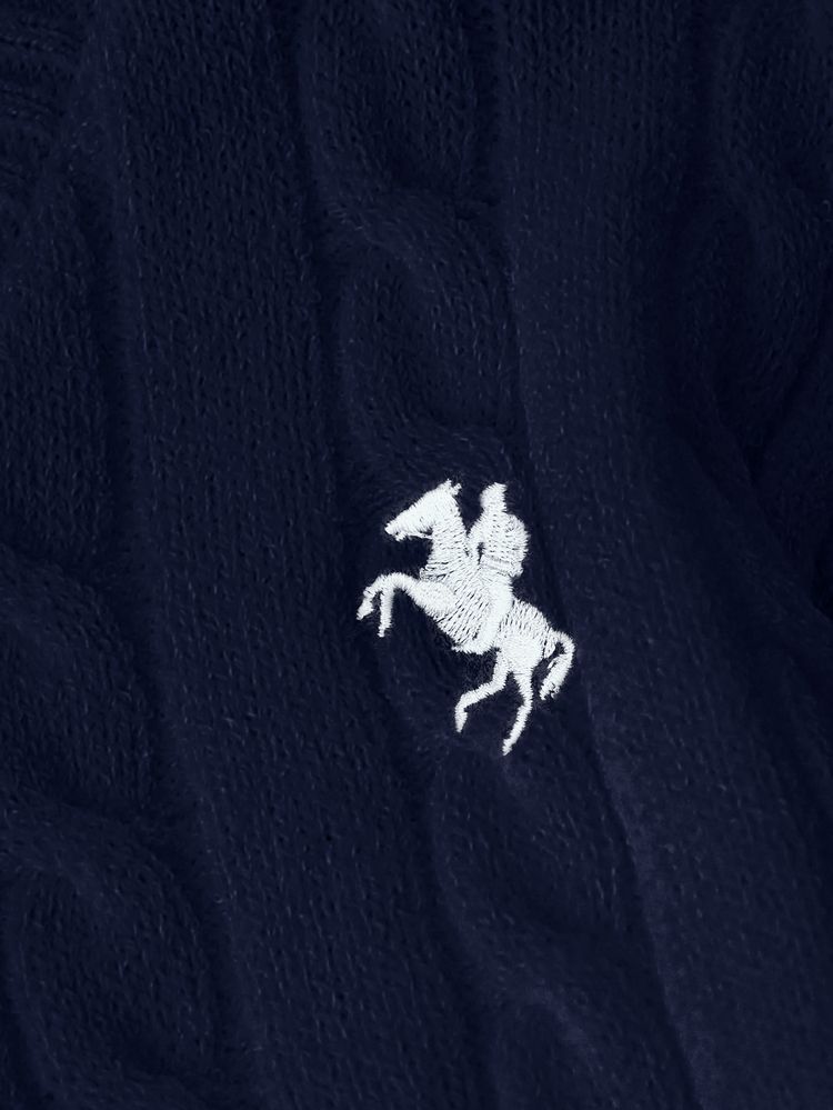 1pc Girls' Pullover Sweater, Classic Cable Knit Solid Color Fashion V-Neck Slim Fit Long Sleeve Regular Thickness Knit Pullover, Black Horse Embroidery Design On Chest, Comfortable And Flattering To Wear Alone, Spring/Autumn Essential - Navy Blue - View 6