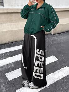 SHEIN EZwear Dark Green Plus Size Women's Letter Print Raglan Long Sleeve Zip-Up Jacket Club Office Autumn Baggy Cowboy Fall - Dark Green - View 7