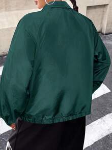 SHEIN EZwear Dark Green Plus Size Women's Letter Print Raglan Long Sleeve Zip-Up Jacket Club Office Autumn Baggy Cowboy Fall - Dark Green - View 2