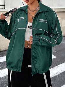 SHEIN EZwear Dark Green Plus Size Women's Letter Print Raglan Long Sleeve Zip-Up Jacket Club Office Autumn Baggy Cowboy Fall - Dark Green - View 4