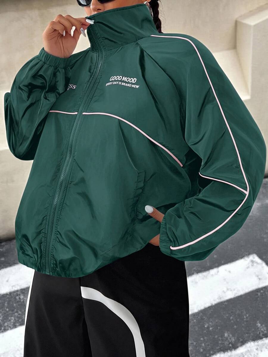 SHEIN EZwear Dark Green Plus Size Women's Letter Print Raglan Long Sleeve Zip-Up Jacket Club Office Autumn Baggy Cowboy Fall - Dark Green - View 1