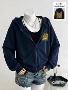 SHEIN 青少年女孩秋季休閒海軍藍拉鍊連帽衛衣：卡通狗圖案條紋抓絨長袖衛衣外套 - 藍色 - 查看 5