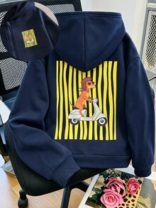 SHEIN 青少年女孩秋季休閒海軍藍拉鍊連帽衛衣：卡通狗圖案條紋抓絨長袖衛衣外套 - 藍色 - 查看 2