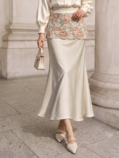 Graceveil Light Luxury Pearlescent Acetate Satin Slim Fit Bodycon Mermaid Skirt, Pink Floral Lace Layered Overlay With Niche Design, Elegant French Long Skirt