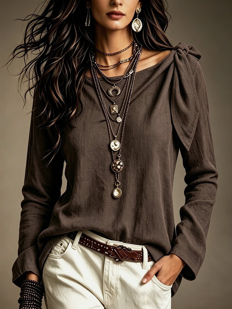 LUMIGAL Women's Solid Color Shoulder Knot Long Sleeve Elegant Blouse - Brown - View 1