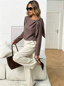 LUMIGAL Women's Solid Color Shoulder Knot Long Sleeve Elegant Blouse - Brown - View 8