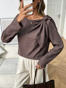 LUMIGAL Women's Solid Color Shoulder Knot Long Sleeve Elegant Blouse - Brown - View 7