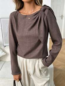 LUMIGAL Women's Solid Color Shoulder Knot Long Sleeve Elegant Blouse - Brown - View 5