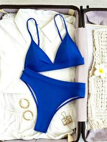 SHEIN Swim 女款夏季海灘純色掛脖綁帶性感時尚比基尼兩件式泳衣套裝 - 寶藍色 - 查看 4