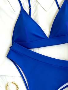 SHEIN Swim 女款夏季海灘純色掛脖綁帶性感時尚比基尼兩件式泳衣套裝 - 寶藍色 - 查看 3