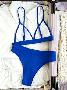 SHEIN Swim 女款夏季海灘純色掛脖綁帶性感時尚比基尼兩件式泳衣套裝 - 寶藍色 - 查看 2