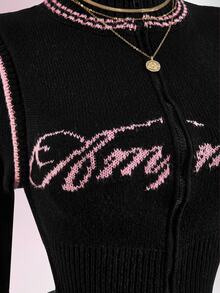 Amplova Women's High Neck Knit Contrast Color Double Zipper Fitted Bodycon Mini Crochet Dress, Suitable For Dating, Daily Wear, Back To School Campus Outfit - Black - View 12