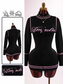 Amplova Women's High Neck Knit Contrast Color Double Zipper Fitted Bodycon Mini Crochet Dress, Suitable For Dating, Daily Wear, Back To School Campus Outfit - Black - View 2