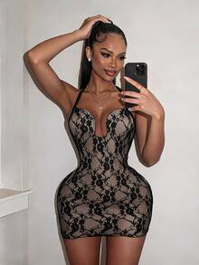 Amplova Two-Tone Lace Bodycon Mini Dress With Underwire, Ruched Backless Design, Sexy Y2K Style For Women - Black - View 2
