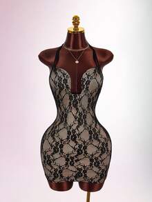 Amplova Two-Tone Lace Bodycon Mini Dress With Underwire, Ruched Backless Design, Sexy Y2K Style For Women - Black - View 4