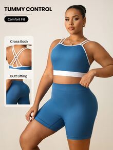 SHEIN Rhythm Era Plus Size Women's Seamless Camisole Bra And Shorts Set - Dusty Blue - View 1