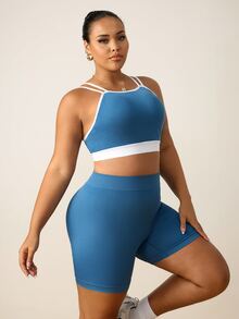 SHEIN Rhythm Era Plus Size Women's Seamless Camisole Bra And Shorts Set - Dusty Blue - View 6