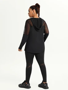 SHEIN Rhythm Era Plus Size Mesh Splice Hooded Neck Sheer Long & Top And Pants Activewear Set - Black - View 3