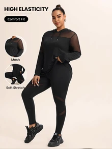 SHEIN Rhythm Era Plus Size Mesh Splice Hooded Neck Sheer Long & Top And Pants Activewear Set - Black - View 2